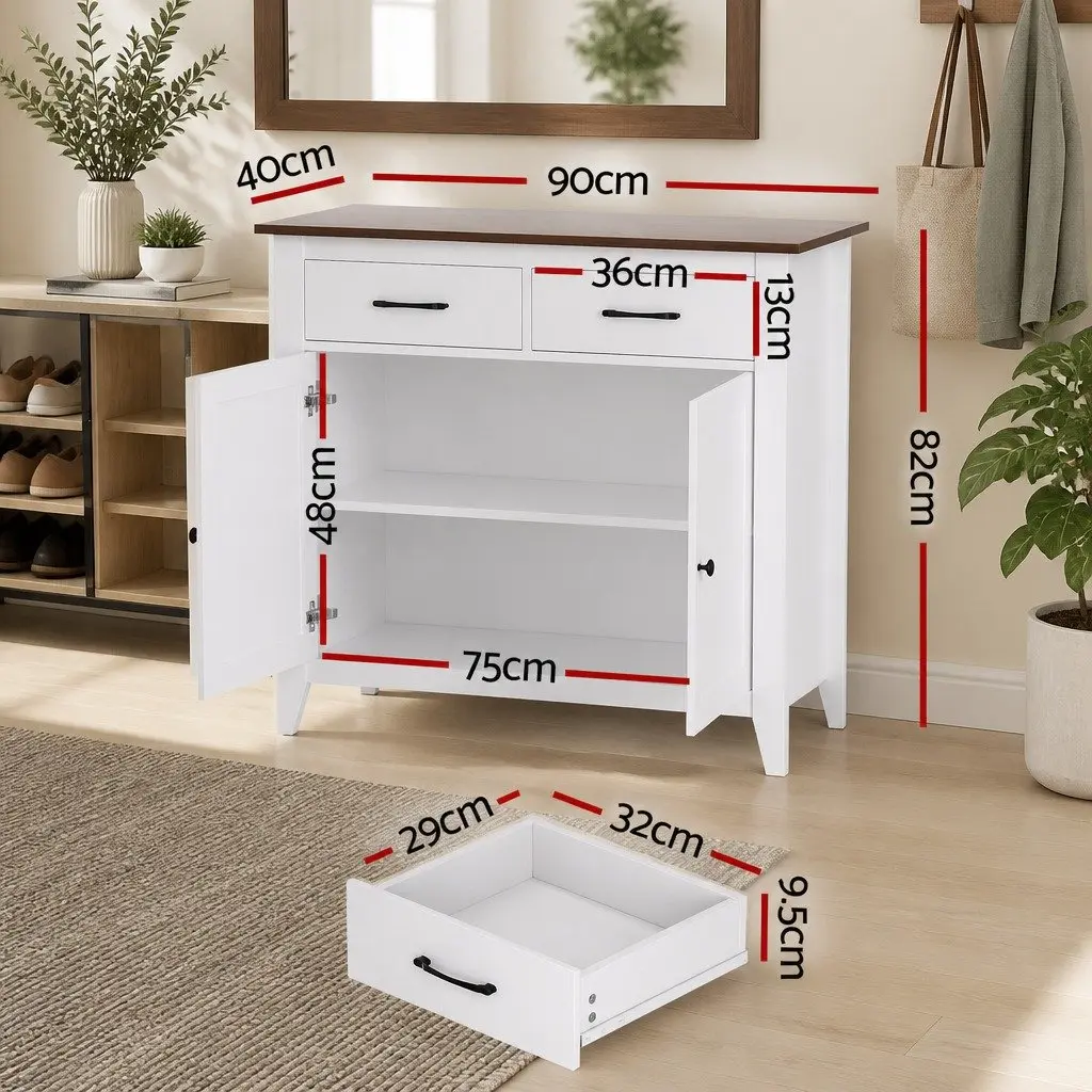 Buffet Sideboard Storage Cabinet Walnut-look 90cm MDF Frame White 2 Drawers