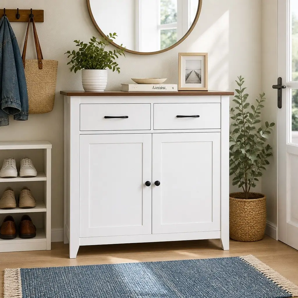 Buffet Sideboard Storage Cabinet Walnut-look 90cm MDF Frame White 2 Drawers