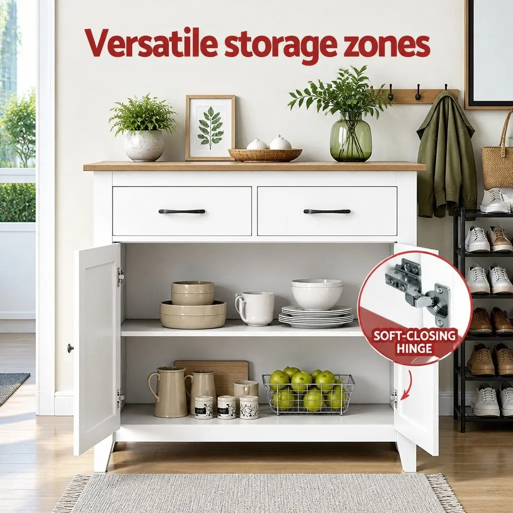 Buffet Sideboard Storage Cabinet Walnut-look 90cm MDF Frame White 2 Drawers