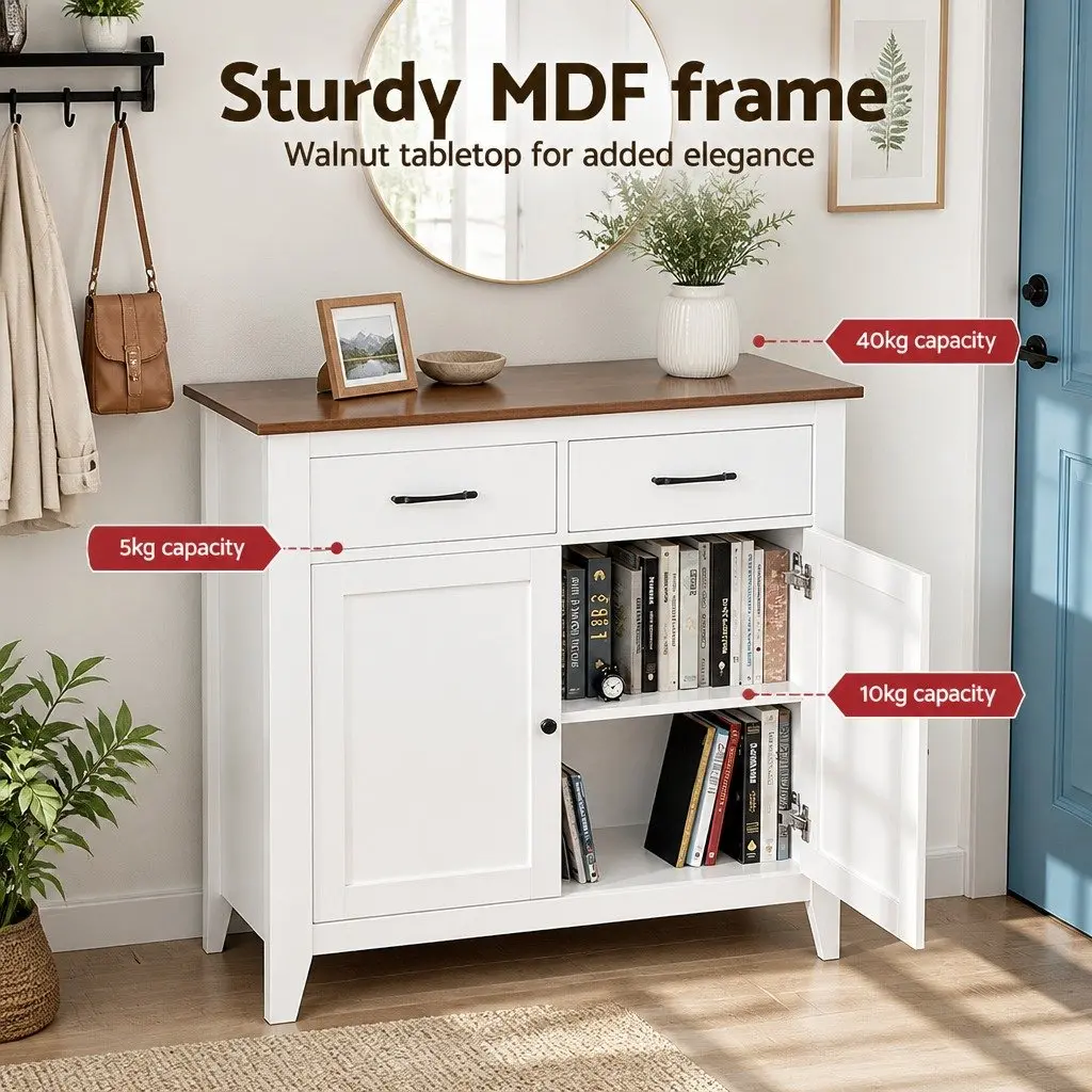 Buffet Sideboard Storage Cabinet Walnut-look 90cm MDF Frame White 2 Drawers