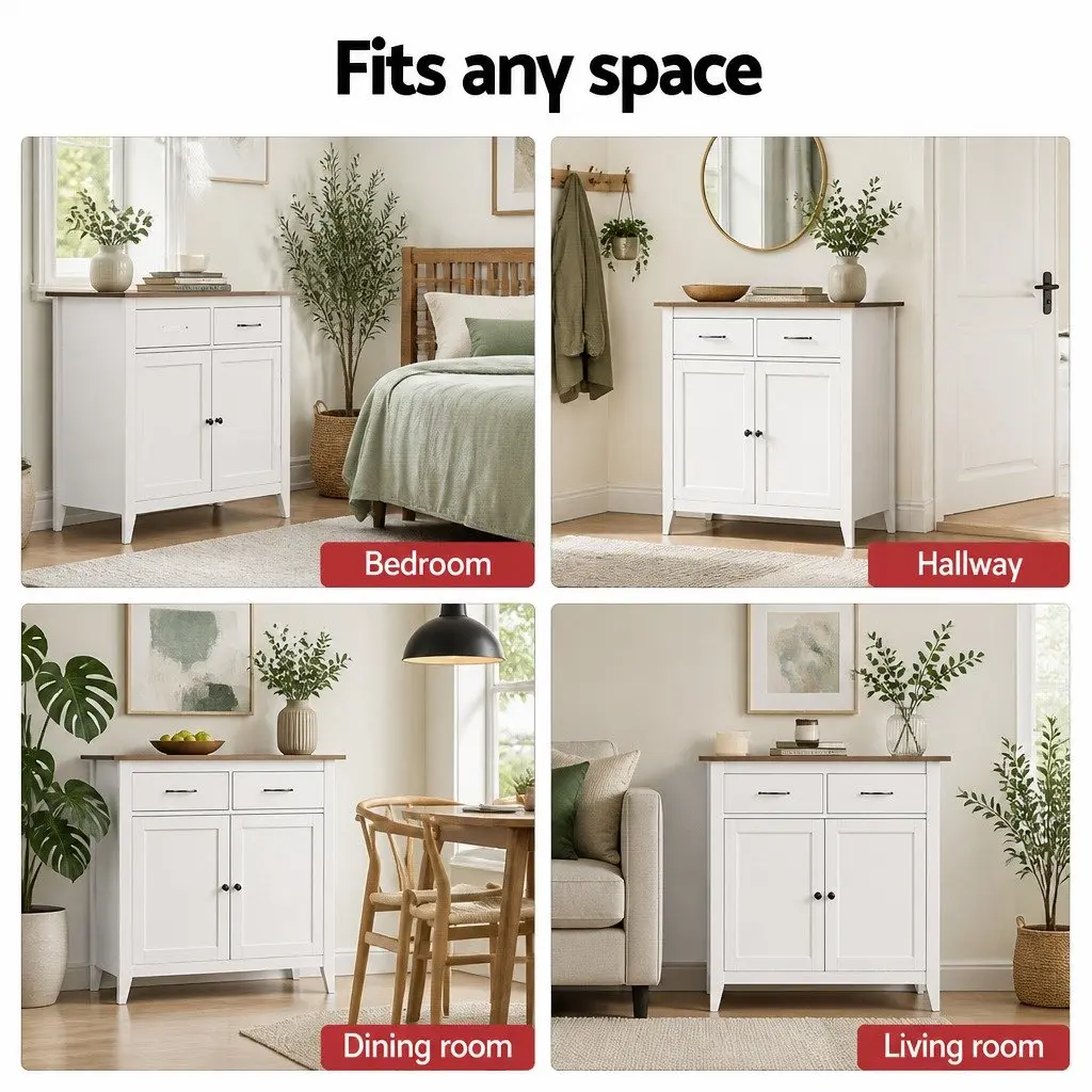 Buffet Sideboard Storage Cabinet Walnut-look 90cm MDF Frame White 2 Drawers