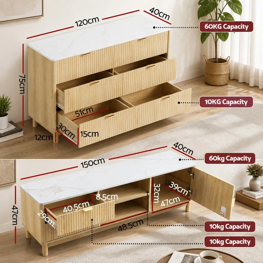 TV Unit & Chest of Drawers Set with Solid Wood Legs Pine Storage Combo