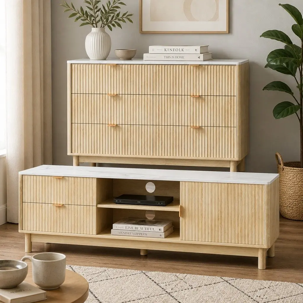 TV Unit & Chest of Drawers Set with Solid Wood Legs Pine Storage Combo