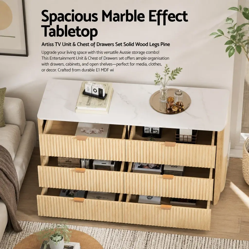 TV Unit & Chest of Drawers Set with Solid Wood Legs Pine Storage Combo