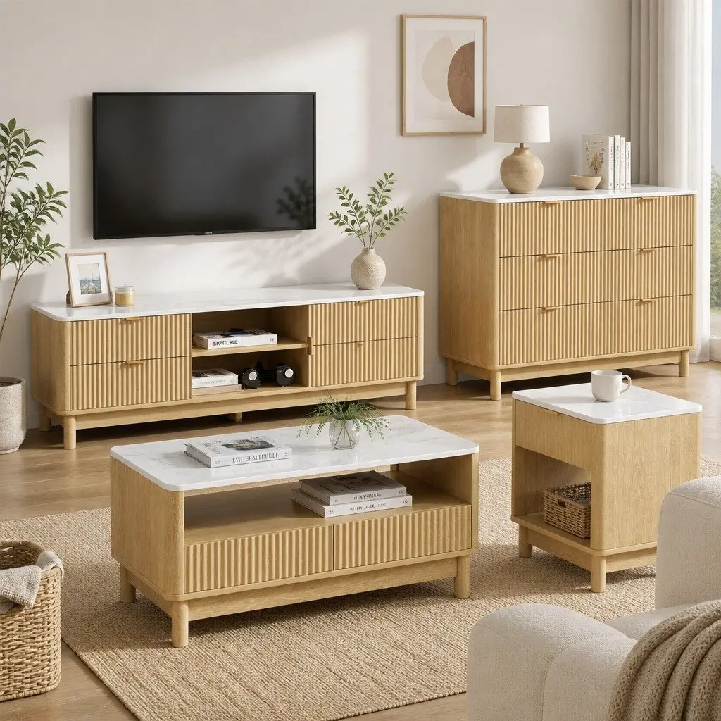 TV Unit & Chest of Drawers Set with Solid Wood Legs Pine Storage Combo