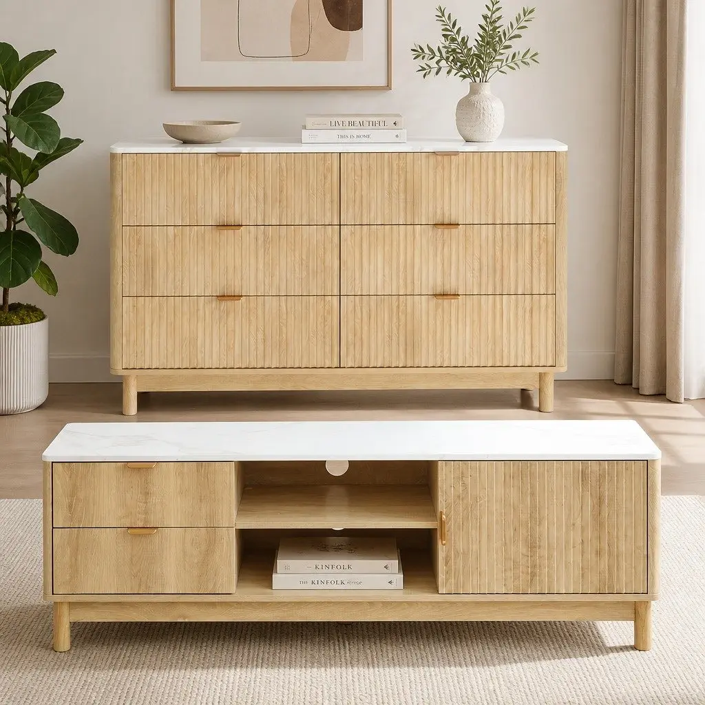 TV Unit & Chest of Drawers Set with Solid Wood Legs Pine Storage Combo