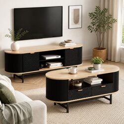 Black Pine TV Unit and Coffee Table Set with Storage