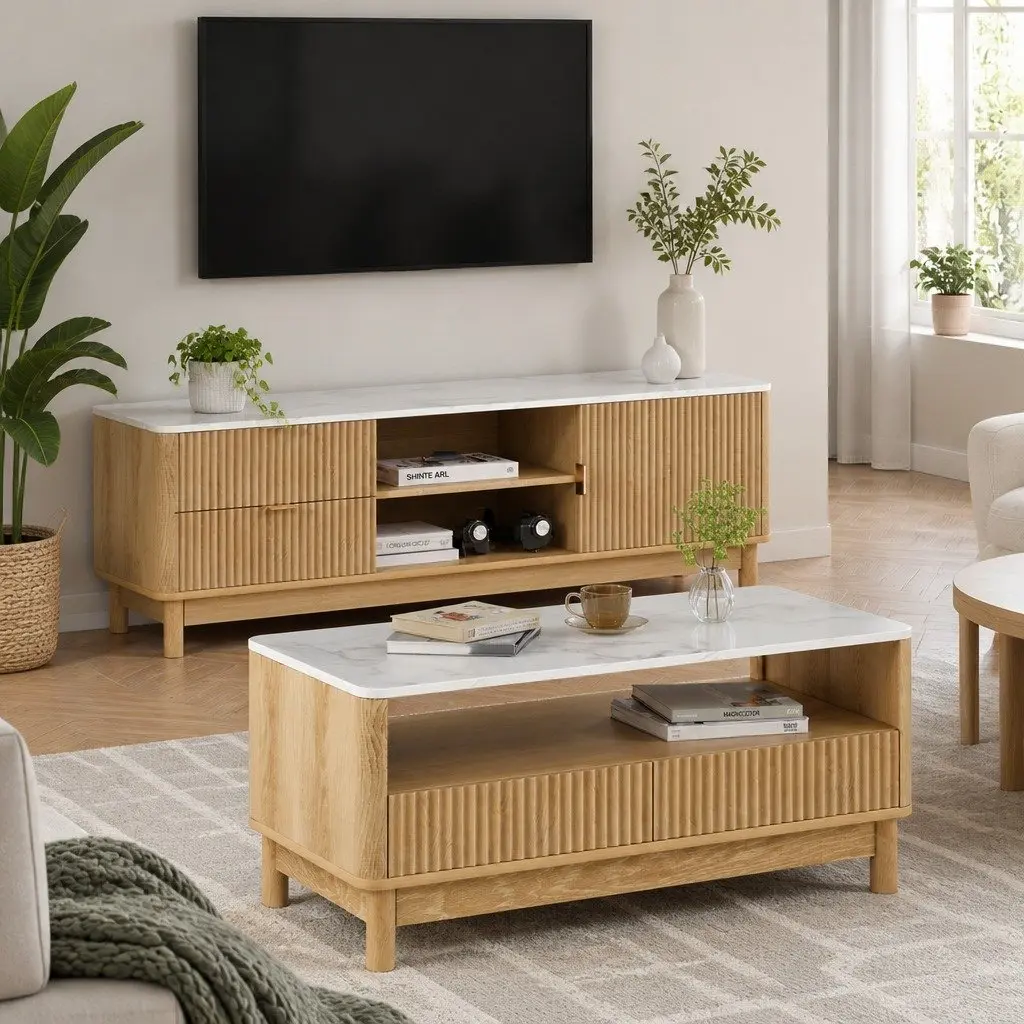 Pine Wood TV Entertainment Unit & Coffee Table Set