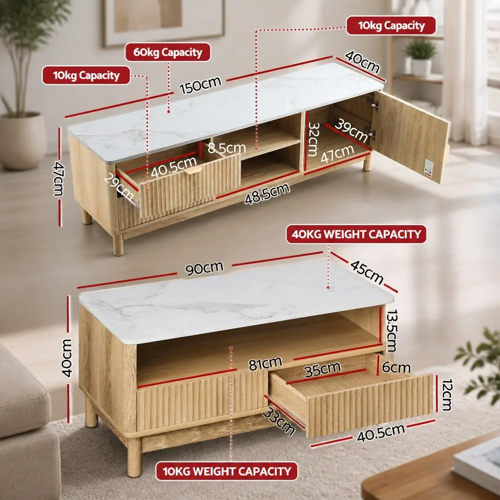 TV Entertainment Unit Coffee Table Set Pine Wood Legs Marble Top 2 Drawers Storage