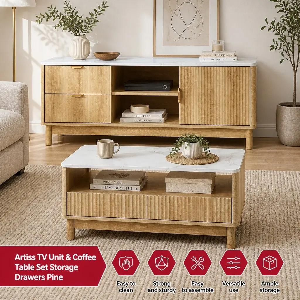 TV Entertainment Unit Coffee Table Set Pine Wood Legs Marble Top 2 Drawers Storage