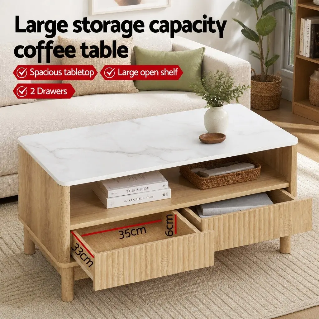 TV Entertainment Unit Coffee Table Set Pine Wood Legs Marble Top 2 Drawers Storage