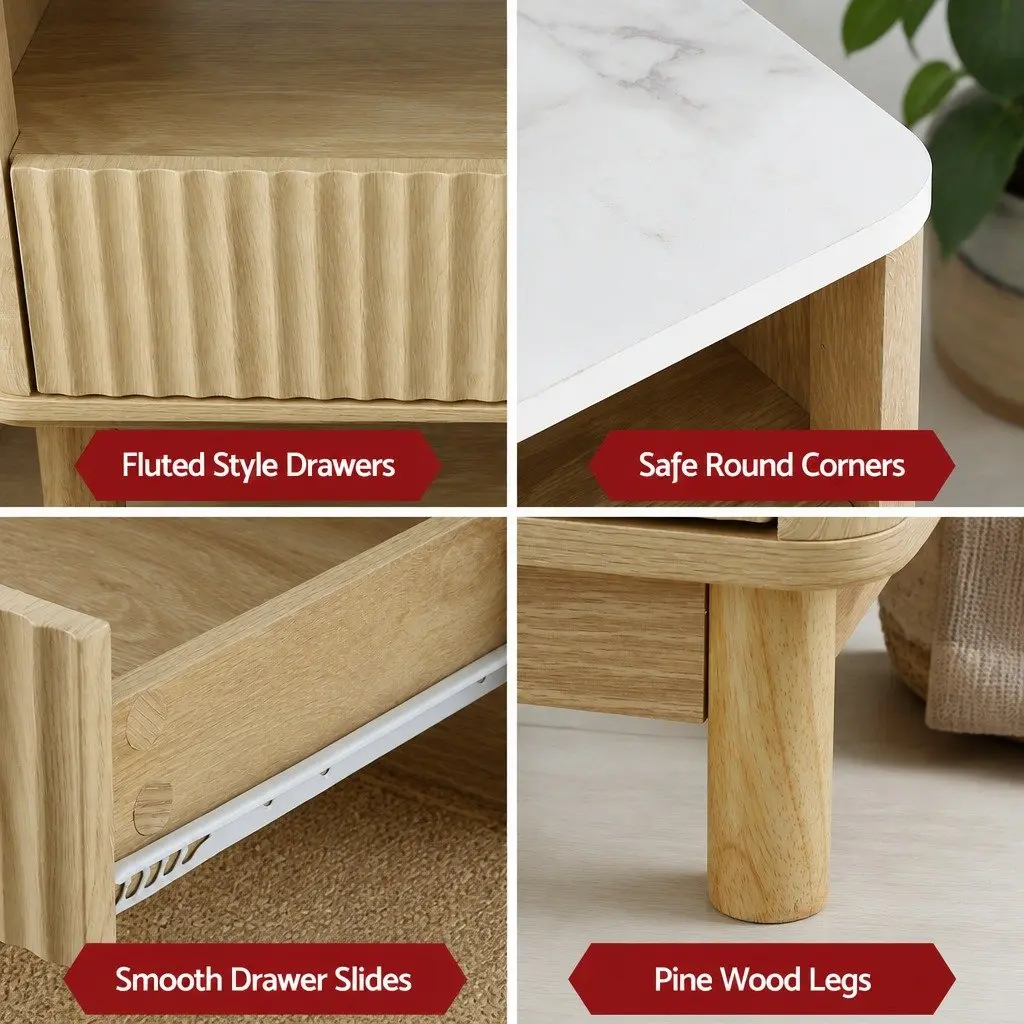TV Entertainment Unit Coffee Table Set Pine Wood Legs Marble Top 2 Drawers Storage