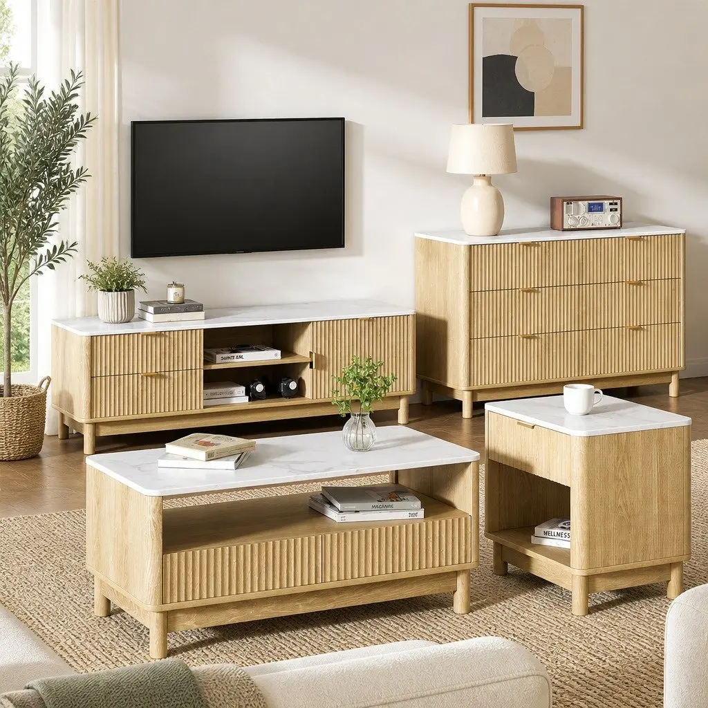 TV Entertainment Unit Coffee Table Set Pine Wood Legs Marble Top 2 Drawers Storage