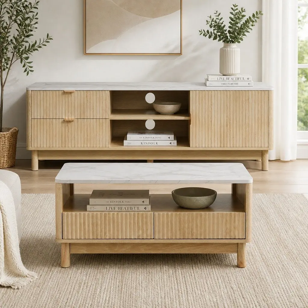 TV Entertainment Unit Coffee Table Set Pine Wood Legs Marble Top 2 Drawers Storage