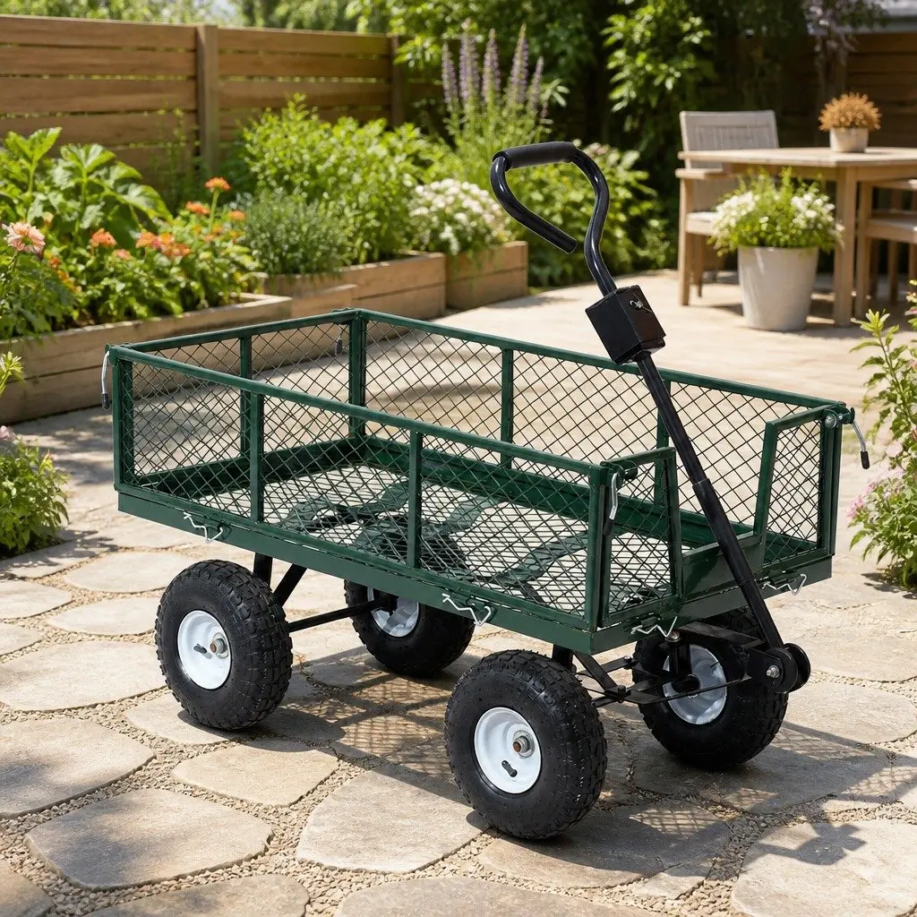 Mesh Garden Cart Heavy-Duty Outdoor Transport Storage Green 96cm Steel