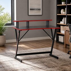 Elegant Black Gaming Desk with Two-Tier Design