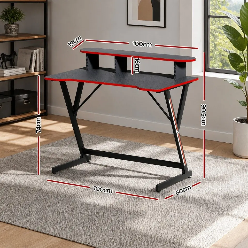 Gaming Desk Two Tier 100CM Black MDF Steel Y-Shaped Legs