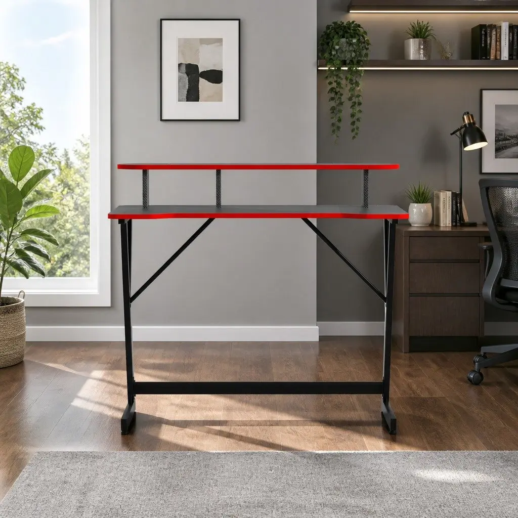 Gaming Desk Two Tier 100CM Black MDF Steel Y-Shaped Legs