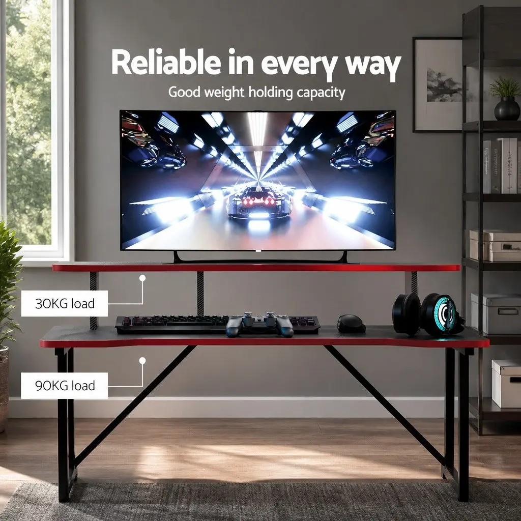 Gaming Desk Two Tier 100CM Black MDF Steel Y-Shaped Legs