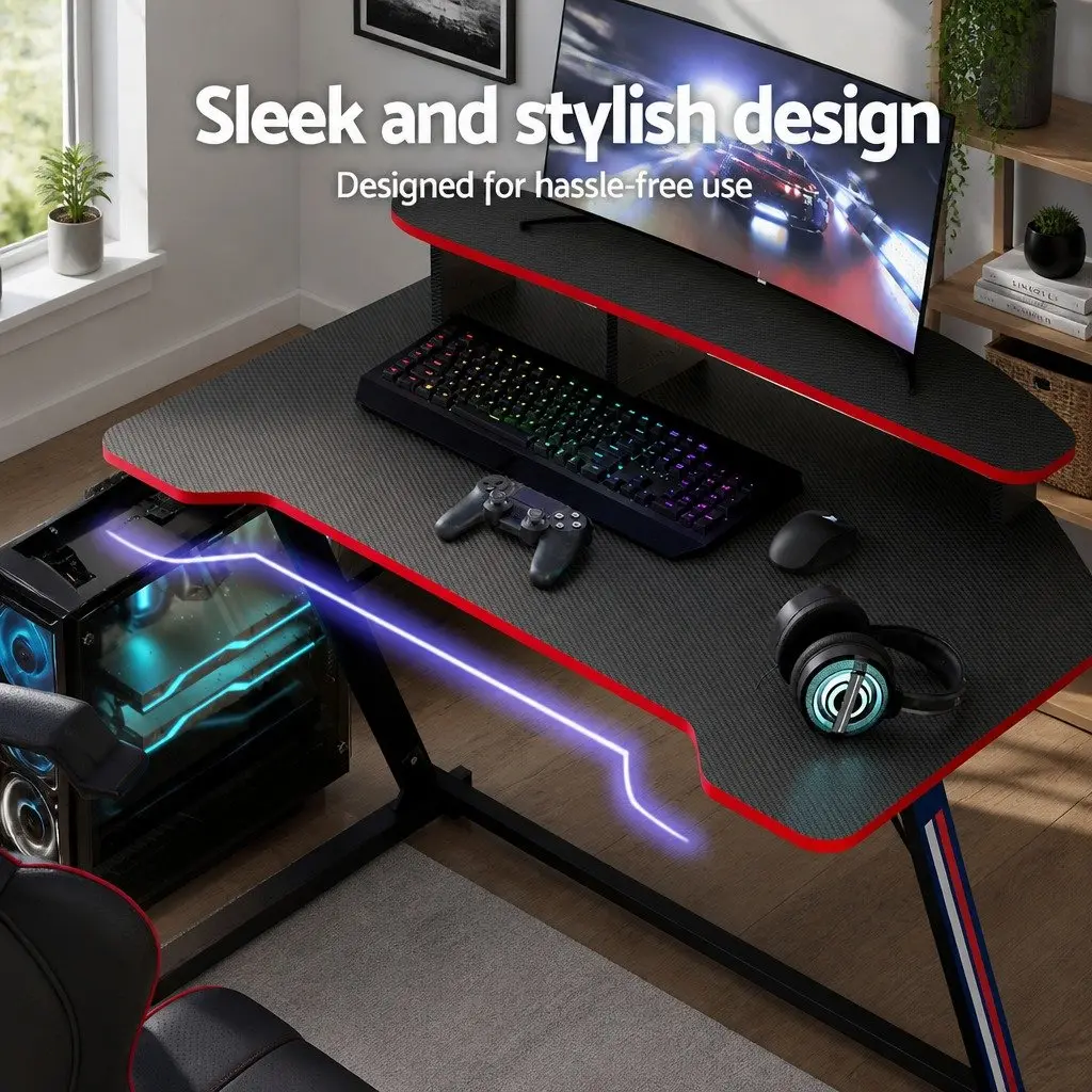 Gaming Desk Two Tier 100CM Black MDF Steel Y-Shaped Legs