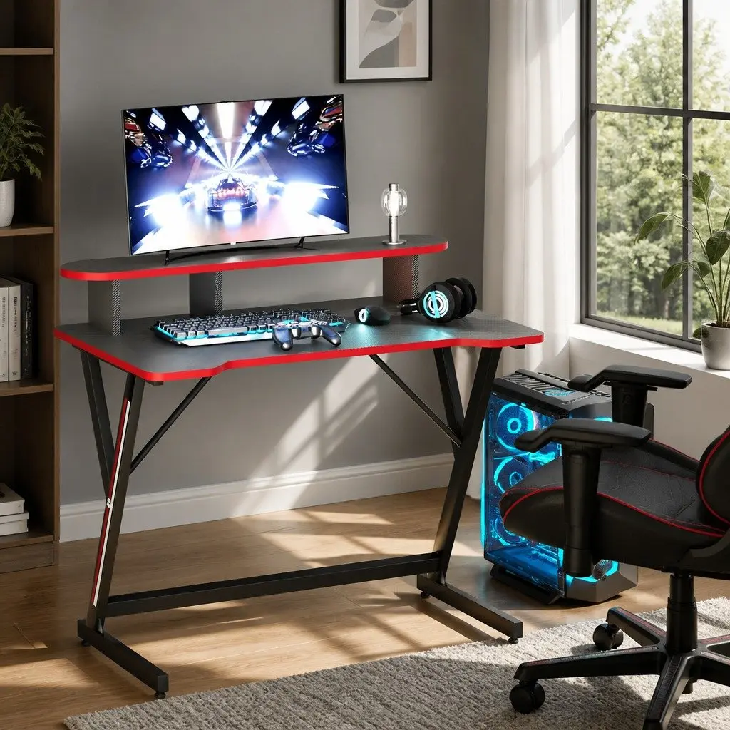 Gaming Desk Two Tier 100CM Black MDF Steel Y-Shaped Legs