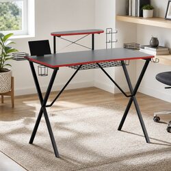 Black Gaming Desk with Two-Tier Storage and Headphone Hook