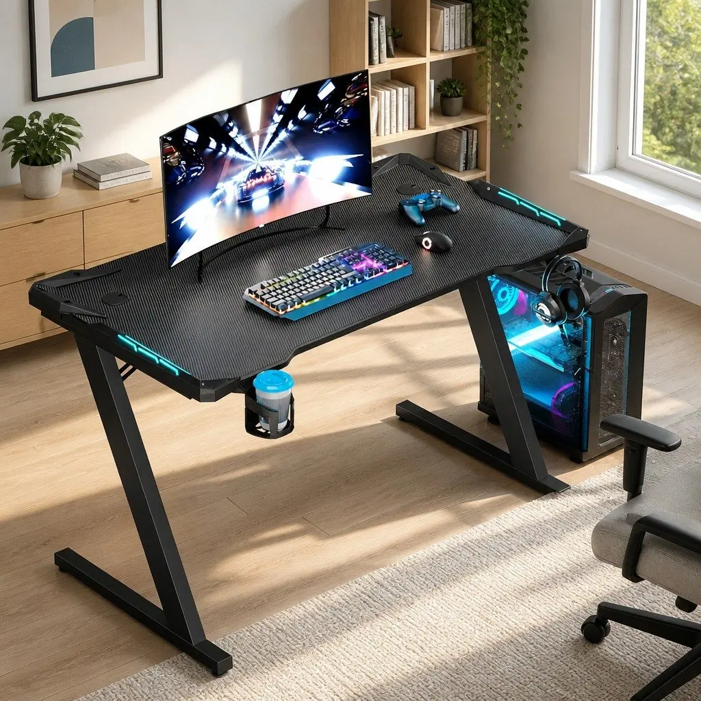 Gaming Desk Computer Desk 120CM LED Light Home Office Workstation Table