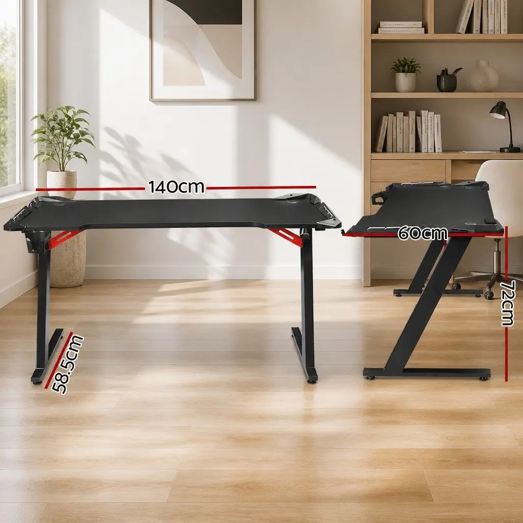 Gaming Desk RGB LED Light 140CM Black Steel Carbon Fibre Surface