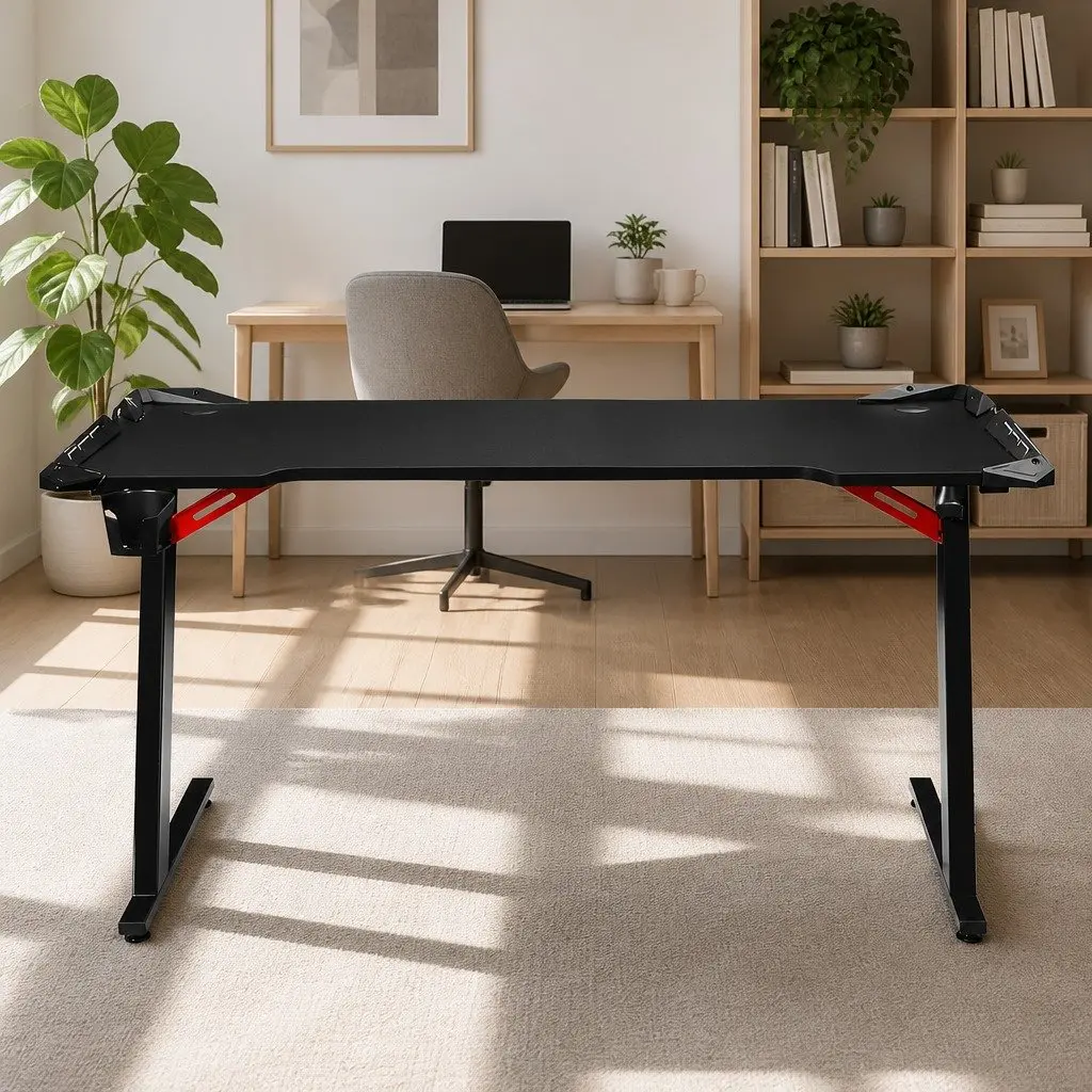 Gaming Desk RGB LED Light 140CM Black Steel Carbon Fibre Surface