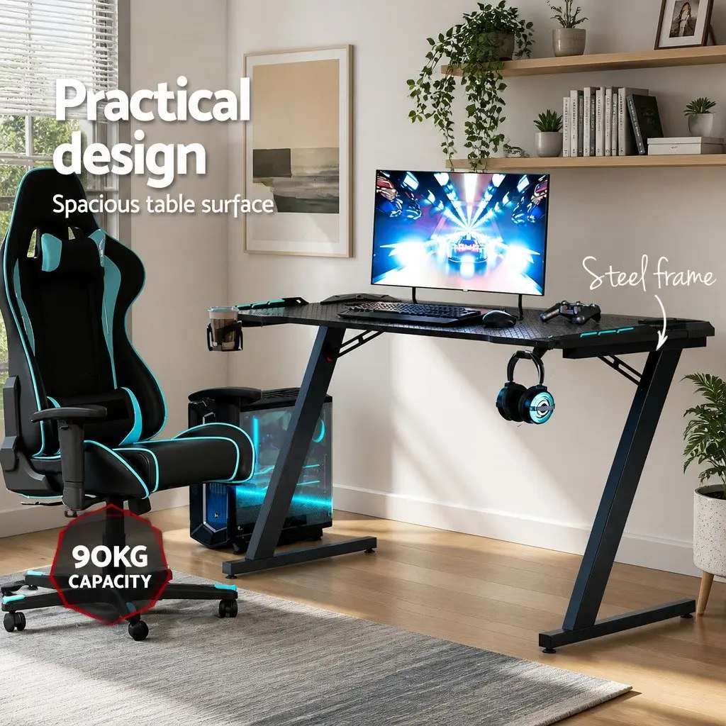 Gaming Desk RGB LED Light 140CM Black Steel Carbon Fibre Surface