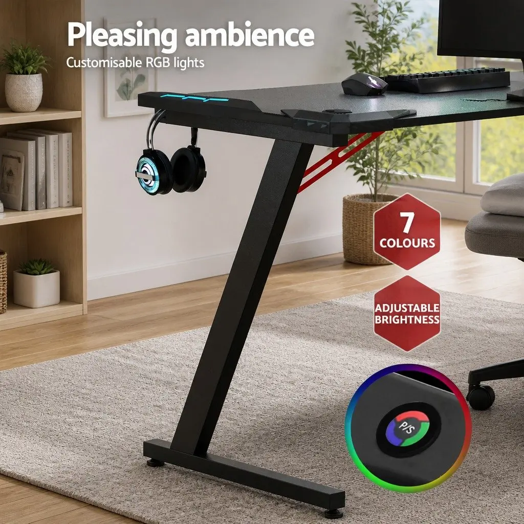 Gaming Desk RGB LED Light 140CM Black Steel Carbon Fibre Surface