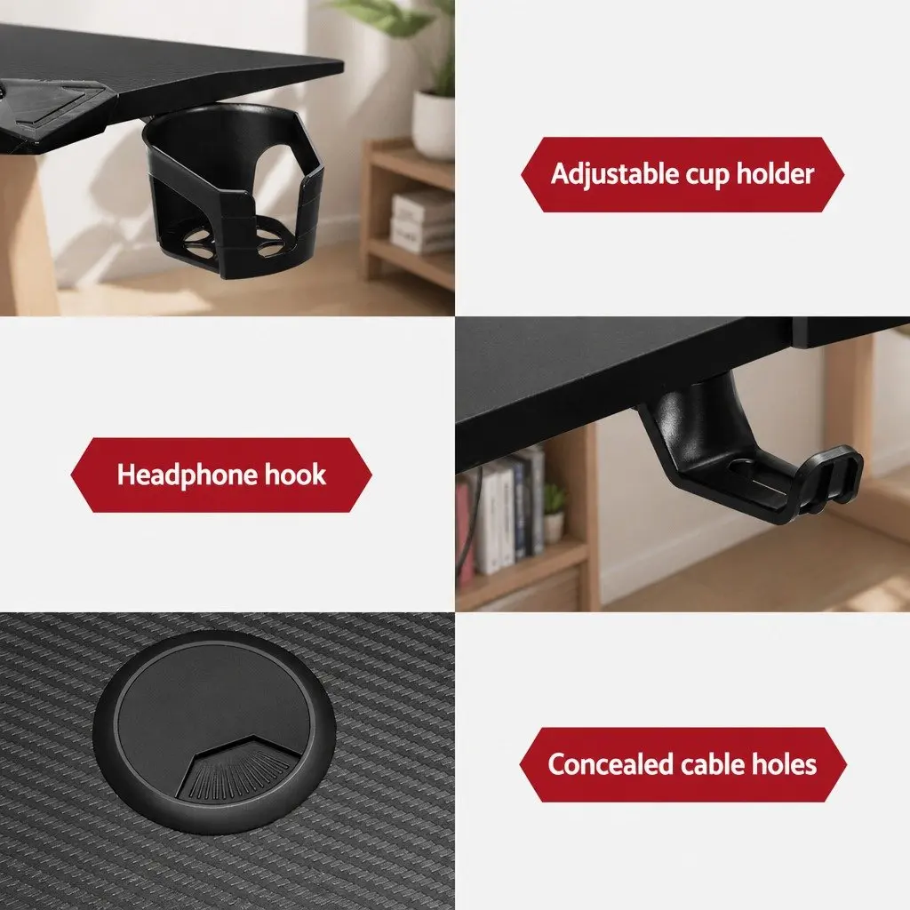 Gaming Desk RGB LED Light 140CM Black Steel Carbon Fibre Surface