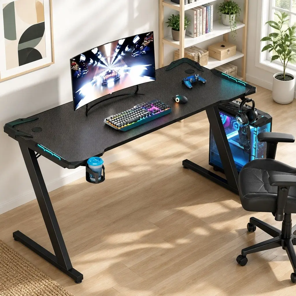 Gaming Desk RGB LED Light 140CM Black Steel Carbon Fibre Surface