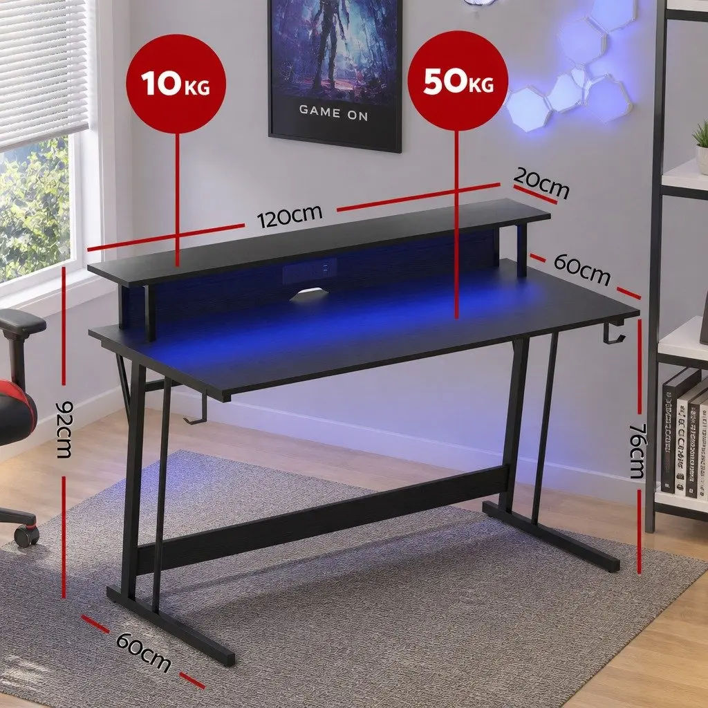 Gaming Desk Black 120cm Carbon Fibre Particle Board with LED Lights Monitor Shelf Power Outlets