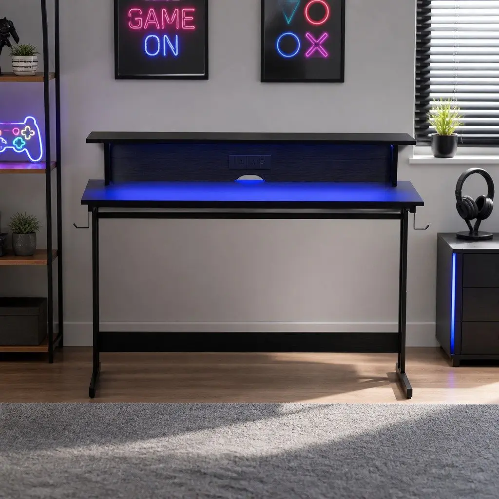 Gaming Desk Black 120cm Carbon Fibre Particle Board with LED Lights Monitor Shelf Power Outlets