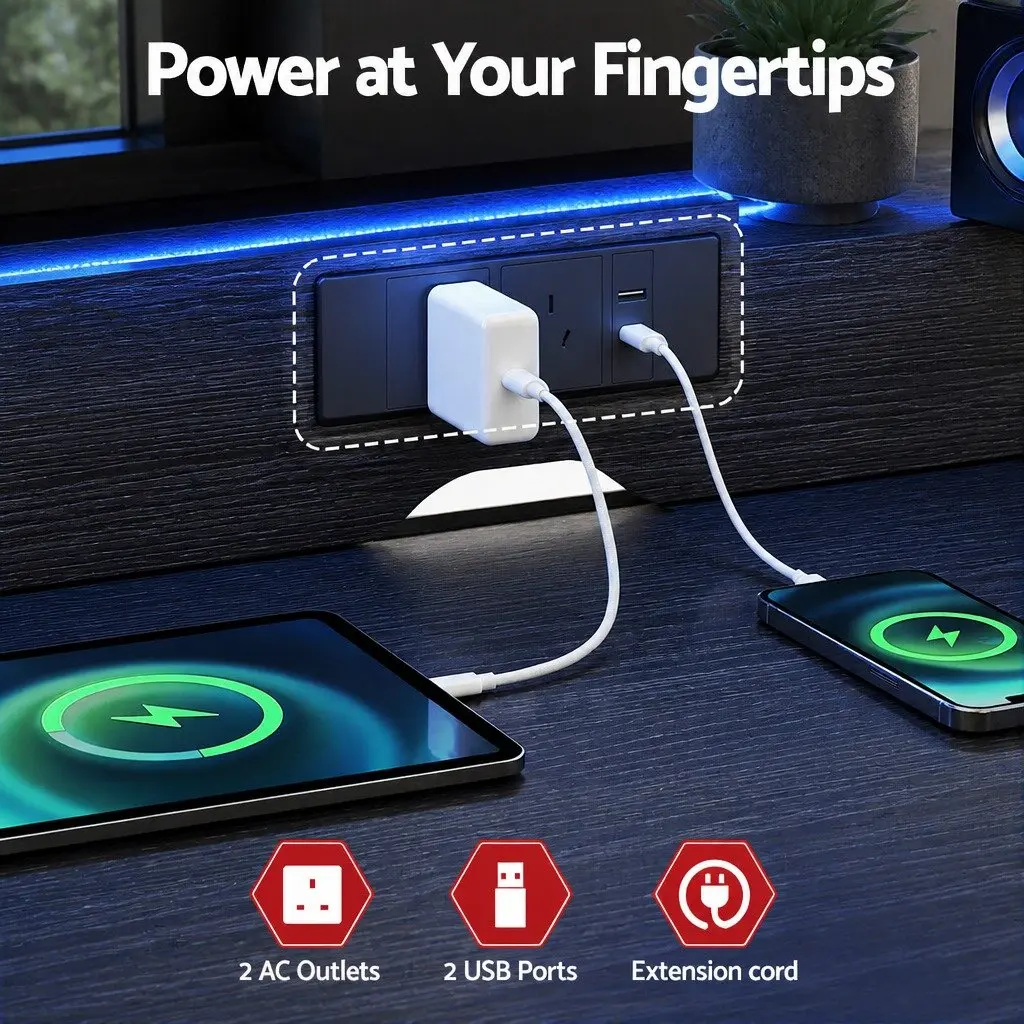 Gaming Desk Black 120cm Carbon Fibre Particle Board with LED Lights Monitor Shelf Power Outlets
