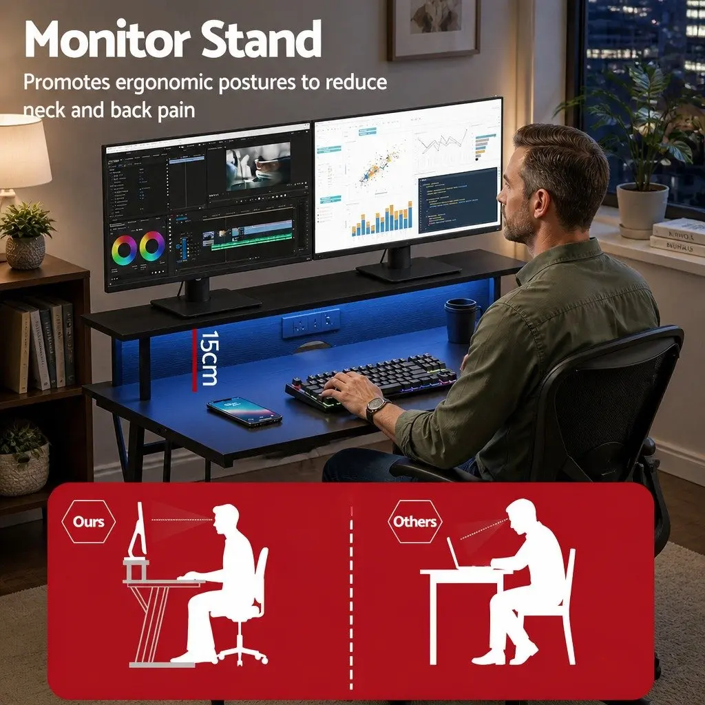 Gaming Desk Black 120cm Carbon Fibre Particle Board with LED Lights Monitor Shelf Power Outlets