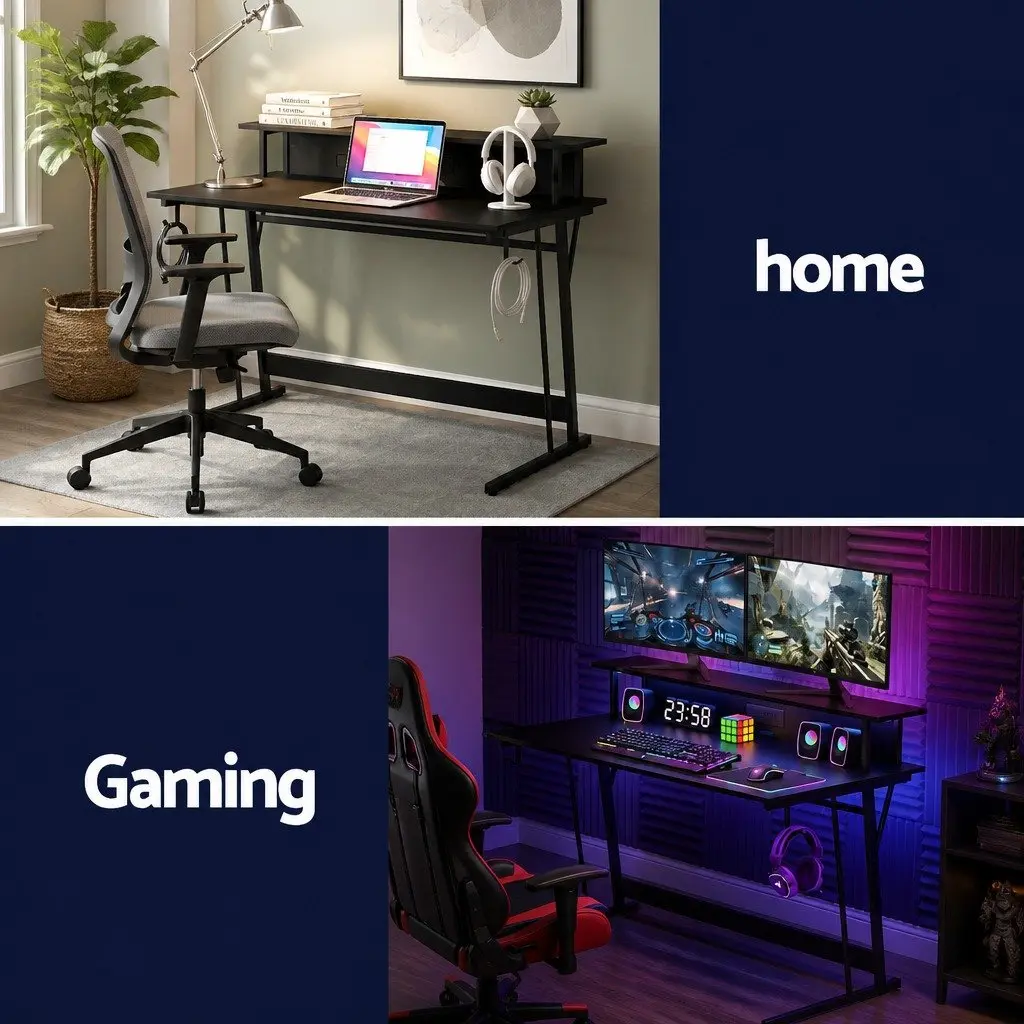 Gaming Desk Black 120cm Carbon Fibre Particle Board with LED Lights Monitor Shelf Power Outlets