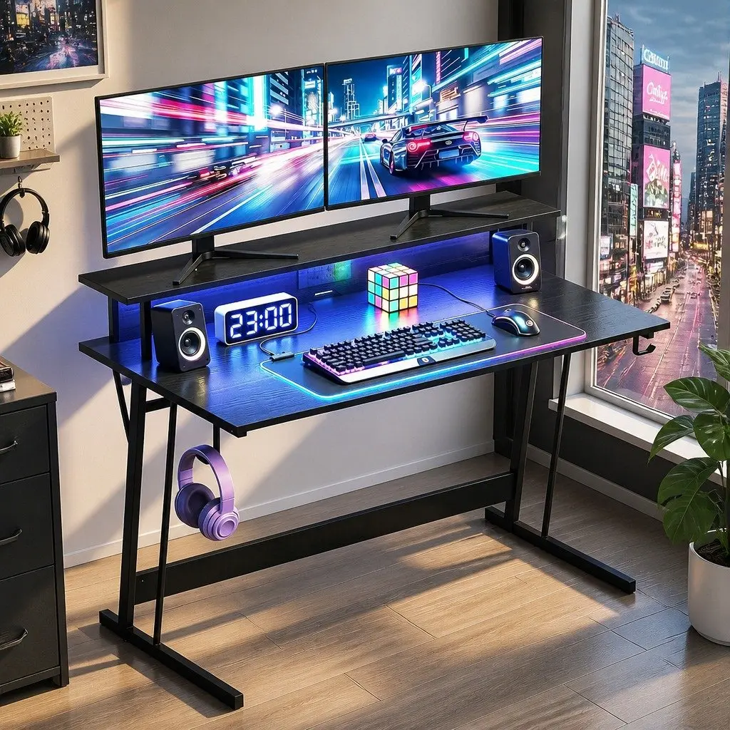 Gaming Desk Black 120cm Carbon Fibre Particle Board with LED Lights Monitor Shelf Power Outlets