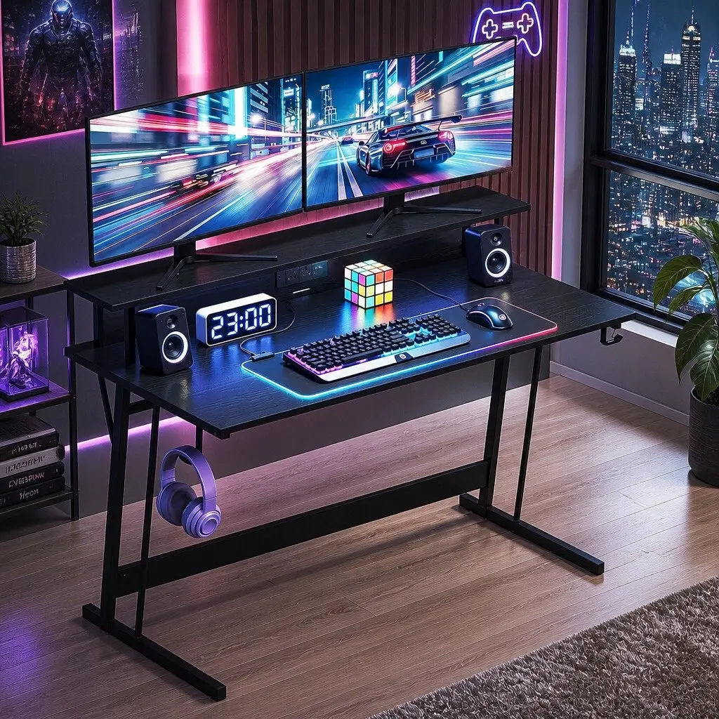 Gaming Desk Black 120cm Carbon Fibre Particle Board with LED Lights Monitor Shelf Power Outlets