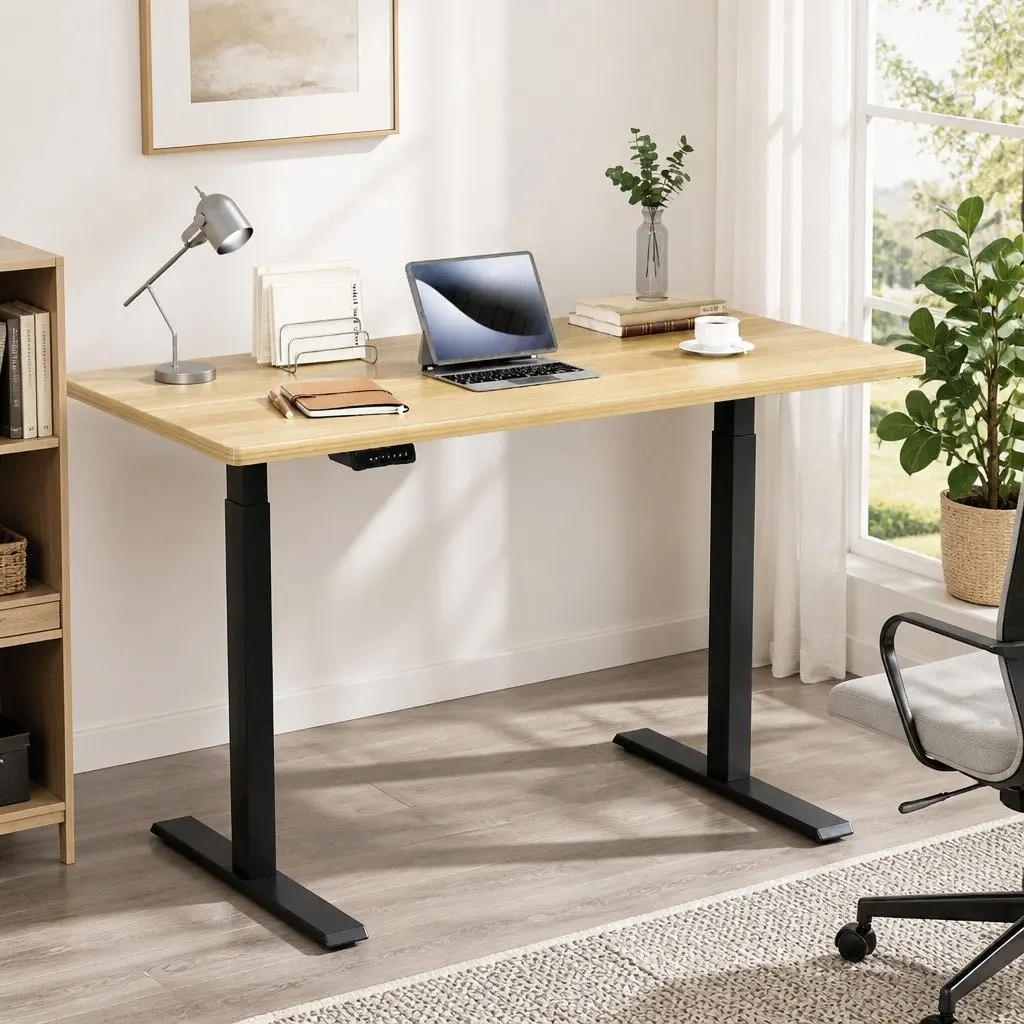 Height Adjustable Dual Motor Office Desk Frame Oak Desktop 140cm
