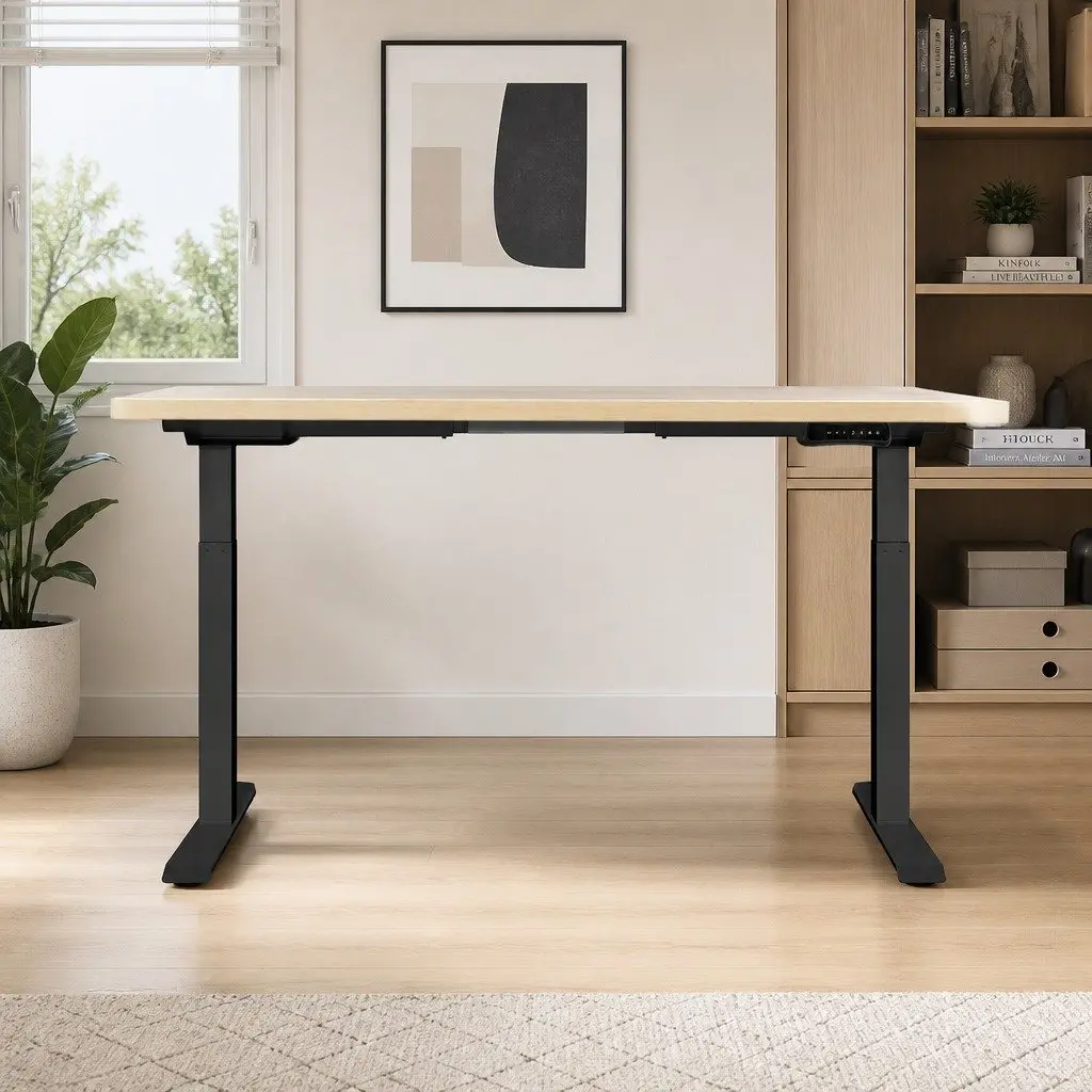 Height Adjustable Dual Motor Office Desk Frame Oak Desktop 140cm