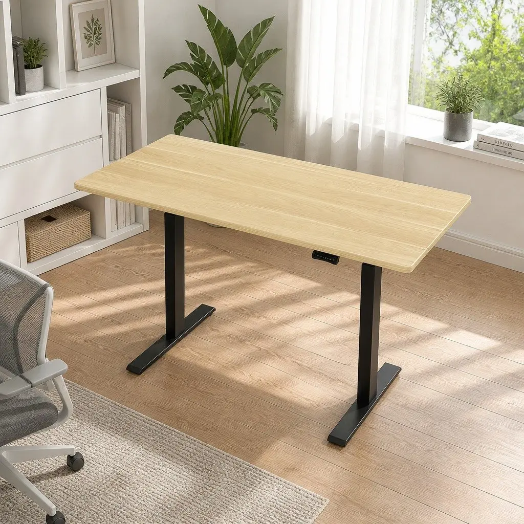 Height Adjustable Dual Motor Office Desk Frame Oak Desktop 140cm