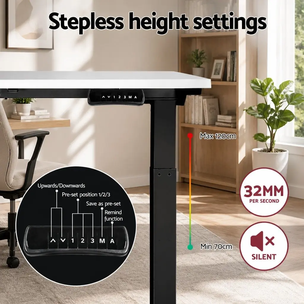 Motorised Standing Desk Dual Motor Height Adjustable Frame White 140cm Particle Board