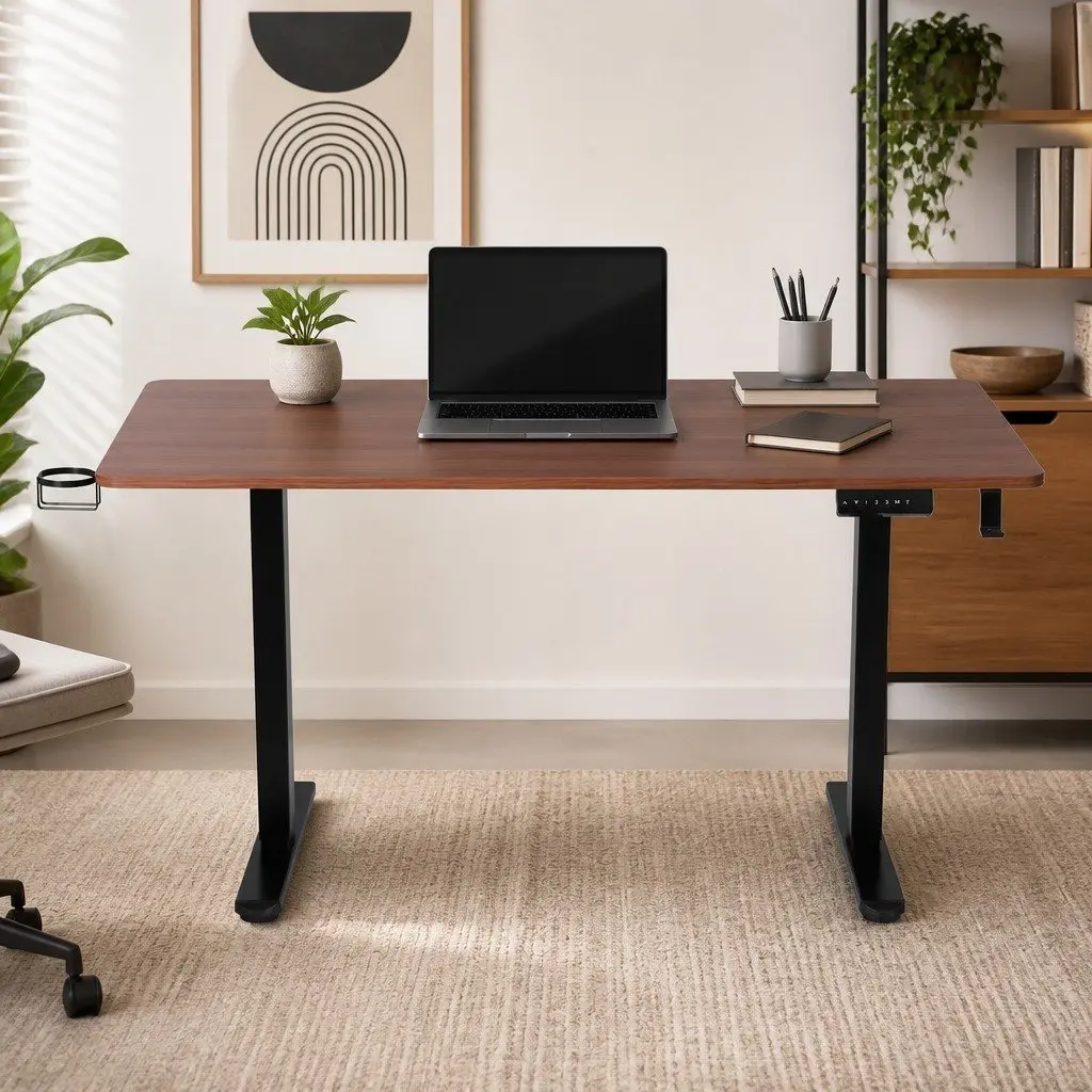 Electric Standing Desk Dual Motor Height Adjustable Walnut 140cm Particle Board
