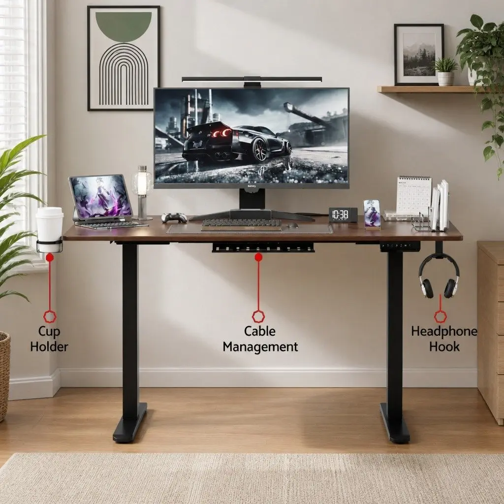 Electric Standing Desk Dual Motor Height Adjustable Walnut 140cm Particle Board