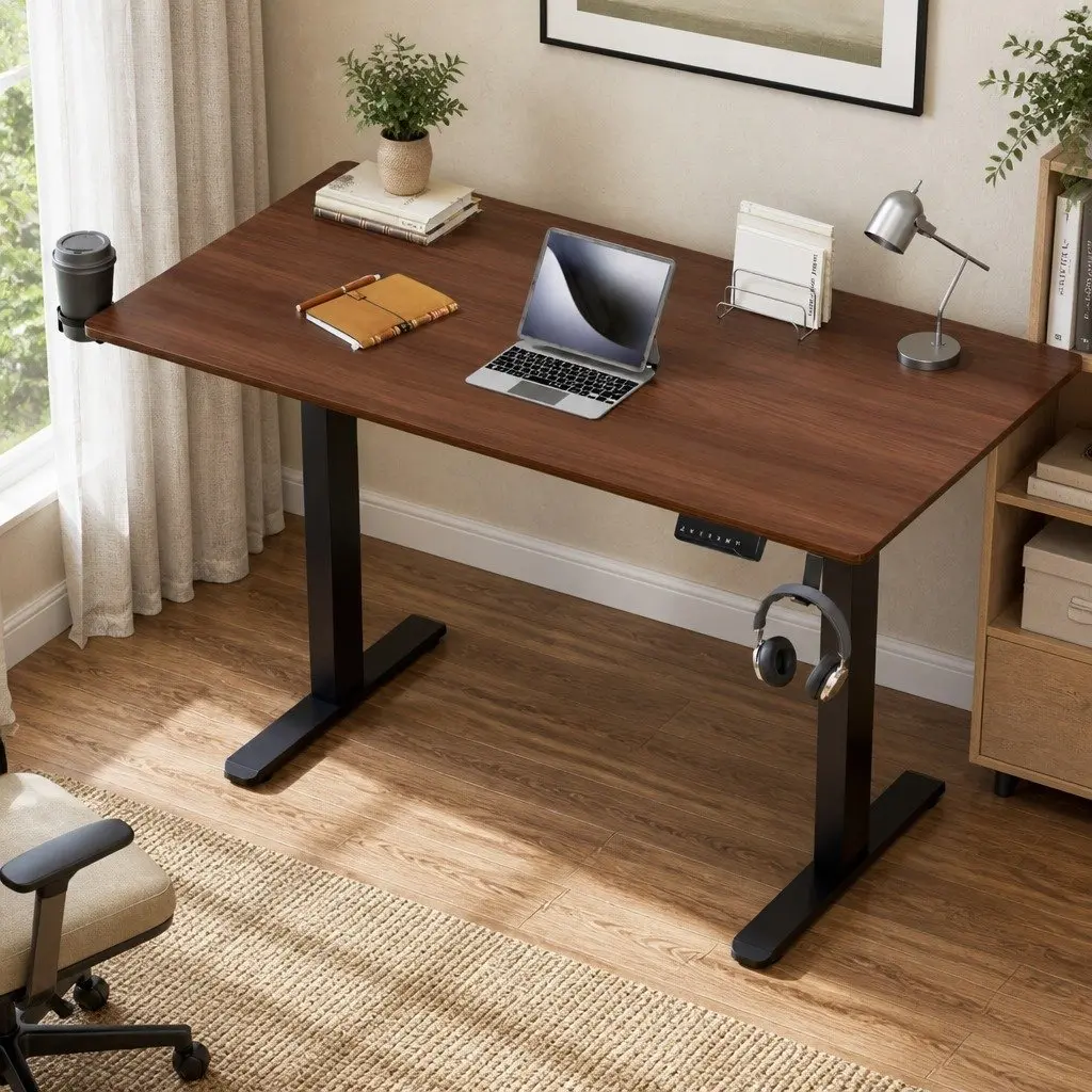 Electric Standing Desk Dual Motor Height Adjustable Walnut 140cm Particle Board