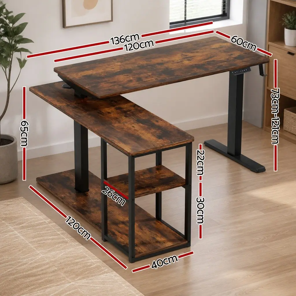 Electric Standing Desk L-Shaped Adjustable Height Motorised Office Workstation Walnut or Rustic Brown Particle Board 120 x 120 x 72-121 cm