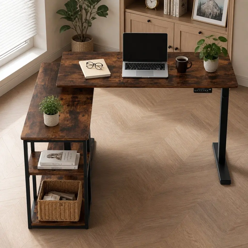 Electric Standing Desk L-Shaped Adjustable Height Motorised Office Workstation Walnut or Rustic Brown Particle Board 120 x 120 x 72-121 cm