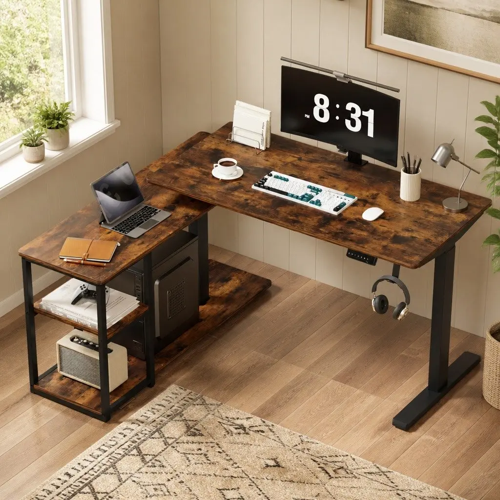 Electric Standing Desk L-Shaped Adjustable Height Motorised Office Workstation Walnut or Rustic Brown Particle Board 120 x 120 x 72-121 cm
